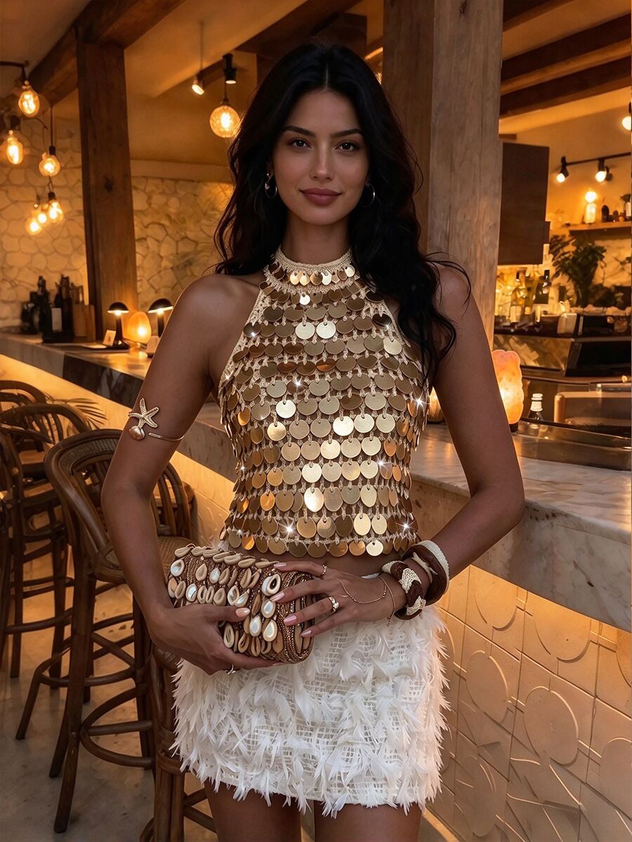 Penseblé Champagne Gold Handmade Crochet Large Sequin Halter Top Sexy Blouse For Women - Champagne - View 1