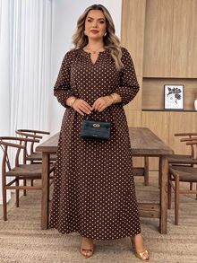 SHEIN CURVE+ فستان بطبعة نقاط بولكا فرنسية للمقاسات الكبيرة - بني - مشاهدة 6
