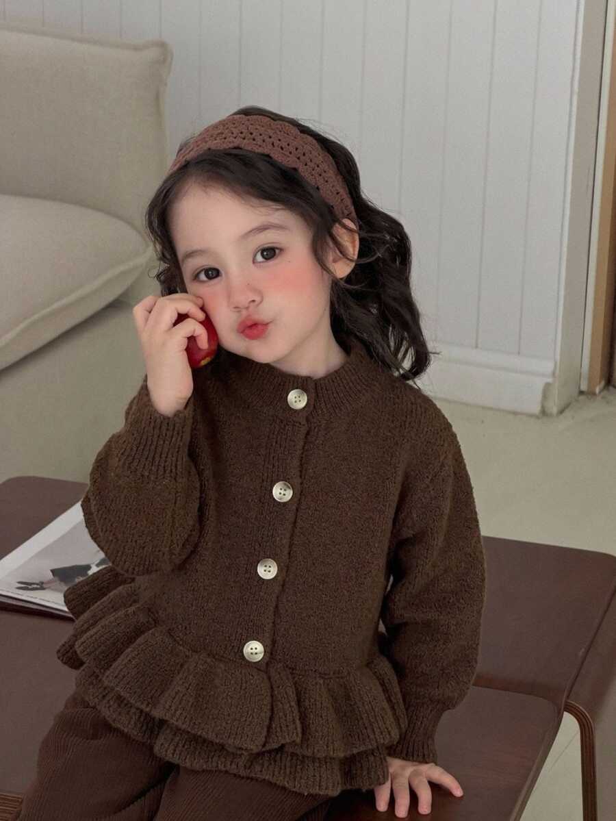 DAZY 嬰兒/幼兒(女童)荷葉邊飾休閒韓風純色秋冬長袖開襟衫 - 棕色 - 查看 1