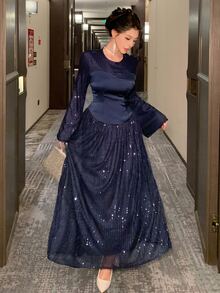 DAZY Women's Elegant Sequin Long Sleeve Evening Dress - Navy Blue - View 4