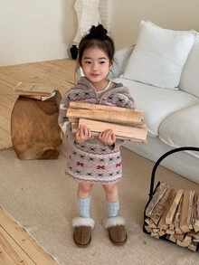 Dazy Kids Infant (Girl) Hooded Mesh Christmas Korean Style Long Sleeve Autumn/Winter Sweater Set - Coffee Brown - View 6