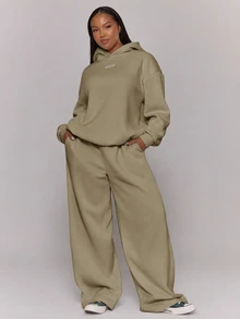 MUSERA 大尺碼拼接 Logo 連帽上衣 休閒日常基本款 保暖舒適 春季假期冬季 - Sage Green - 查看 5