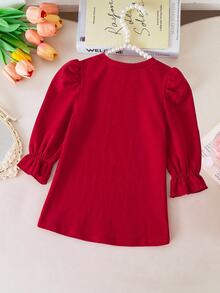 SHEIN Baby Girl Knitted Small Stand Collar Petal Sleeve Color Block 3D Bow Casual Dress,Christmas, Red - Red and White - View 4