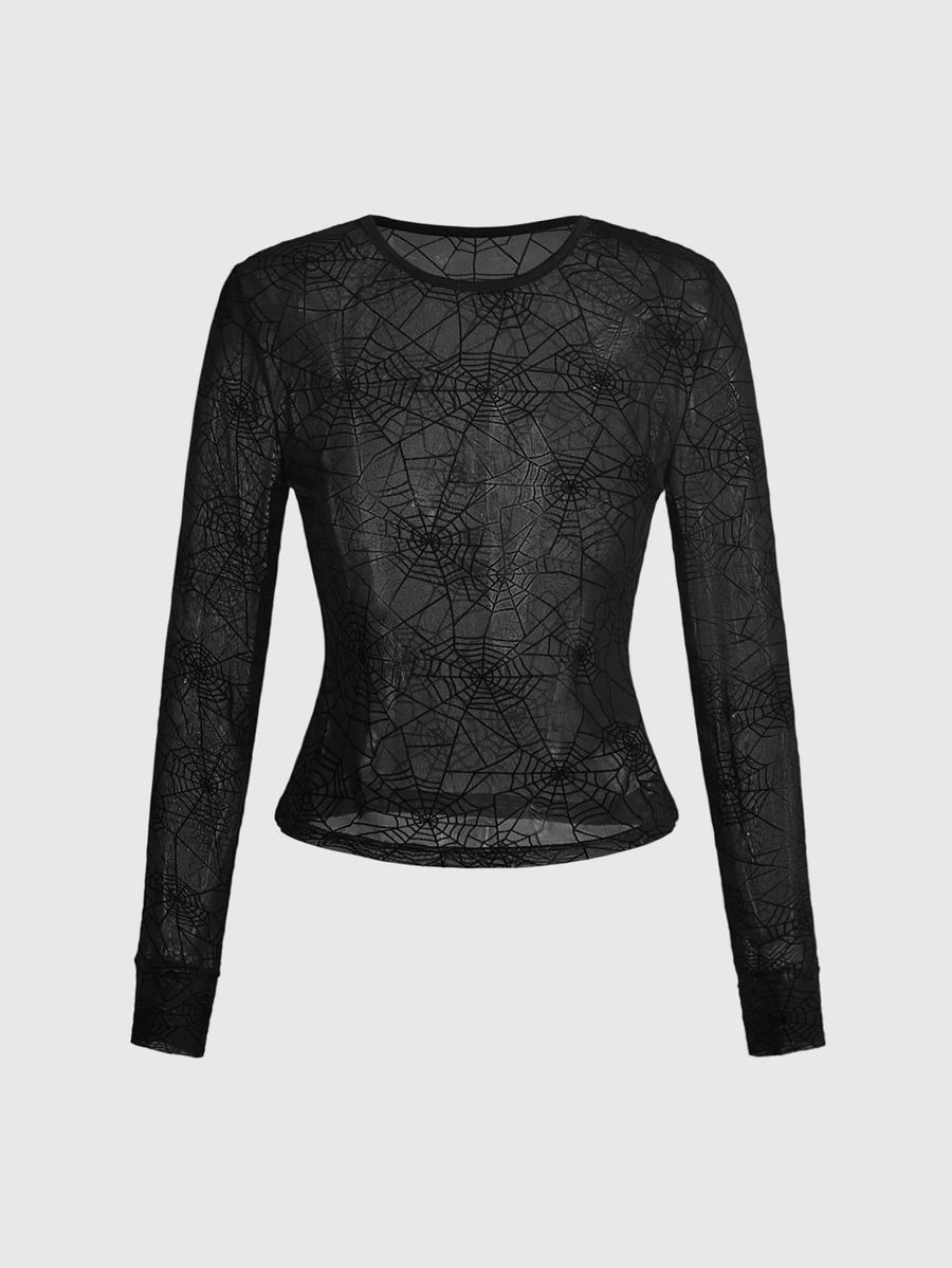 ROMWE Dark Gothic Halloween Skull Ghost Face Flocked Sheer Tight Fit Women's Top - Black - View 1