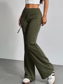 SHEIN EZwear 抽繩腰寬腿運動長褲，軍綠色 – 適合健身或休閒夏季穿著 - 軍綠色 - 查看 4