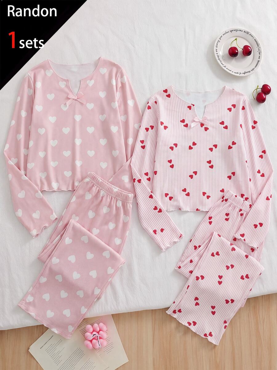 SHEIN Tween女孩櫻桃圖案兒童V領長袖上衣與長褲睡衣套裝 Twee - 粉色 - 查看 1