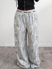 SHEIN 青少年女孩秋冬時尚復古Y2K印花寬鬆舒適休閒日常穿搭拼接腰帶直筒運動長褲 - 灰色 - 查看 4