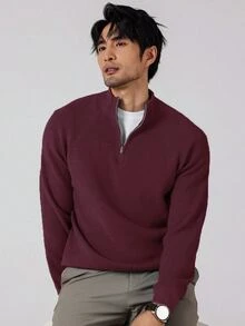 Marvello Homme 大尺碼男士純色極簡休閒半拉鍊長袖針織衫，秋冬款 - 酒紅色 - 查看 1