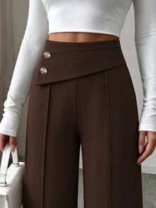 Elenzga Women's Solid Color Casual Versatile Daily Wear Long Pants - Brown - View 8