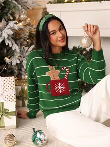 SHEIN PariChic Women's Striped Casual Versatile Everyday Long Sleeve Sweater - Green - View 1