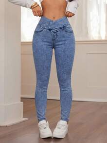 SHEIN PETITE 女款街頭風交叉腰修身牛仔褲 - 中等水洗藍 - 查看 7