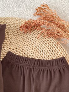 SHEIN 2pcs/Set Infant Girls Casual Vintage Brown Bow 3D Decor High Neck Long Sleeve Asymmetric Top + Flared Pants Fleece Set, Suitable For Daily Wear In Autumn/Winter - Brown - View 6