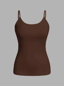 SHEIN EZwear 女款黑色與棕色2件組修身休閒極簡純色細肩帶背心上衣，聚酯纖維材質，適合夏季 - 彩色 - 查看 5