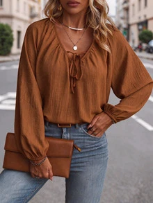 EMERY ROSE Plus Size Women's Solid Color Pleated Casual Versatile Everyday Blouse Brunch Vacation Chocolate Brown Summer Going Out Tops For Women Basic Blouses - Orange - View 3