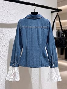GlowEve Women's Lace Patchwork Pleated Single-Breasted Denim Shirt - Medium Wash - View 2