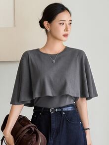 Dazy-Less Autumn Dark Gray Round Neck Long Sleeve Solid Color Loose Casual Drop Shoulder All-Match Versatile Women's T-Shirt - Dark Grey - View 7
