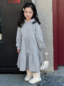 Dazy Kids Young Girl Solid Color Pleated Casual Daily Hooded Dress - Grey - View 6