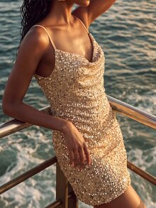 CAJUNI Sequin Dress With A Cowl Neckline, Featuring Sequins, Tulle, And Tropical Glitter, Perfect For End-Of-Year Parties And Christmas. - Champagne - View 4