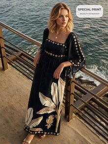 CAJUNI Chic Vacation Golden Palm Embroidery Long Dress With Bat Sleeves - Black - View 7