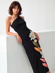 CAJUNI Chic Vacation Painted Flowers Asymmetric Shoulder Jersey Knitting Midi Dress With Shoulder Detail - Multicolor - View 5