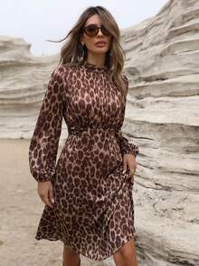 Aveloria Modichic French Elegant Boho Ruched Front Design Fashion Leopard Print Long Sleeve Dress With Belt Vacation Outfits Woman Cheetah Print Fall Cloth Dark Brown - Red - View 3