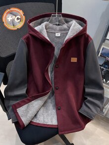 SHEIN Kids Young Boy Casual Everyday Versatile Comfortable Composite Fleece Lining Hooded Open Front Long Sleeve Mid-Weight Woven Jacket Suitable For School, Garden, Beach, Birthday Spring, Summer, Fall, Winter - Multicolor - View 3
