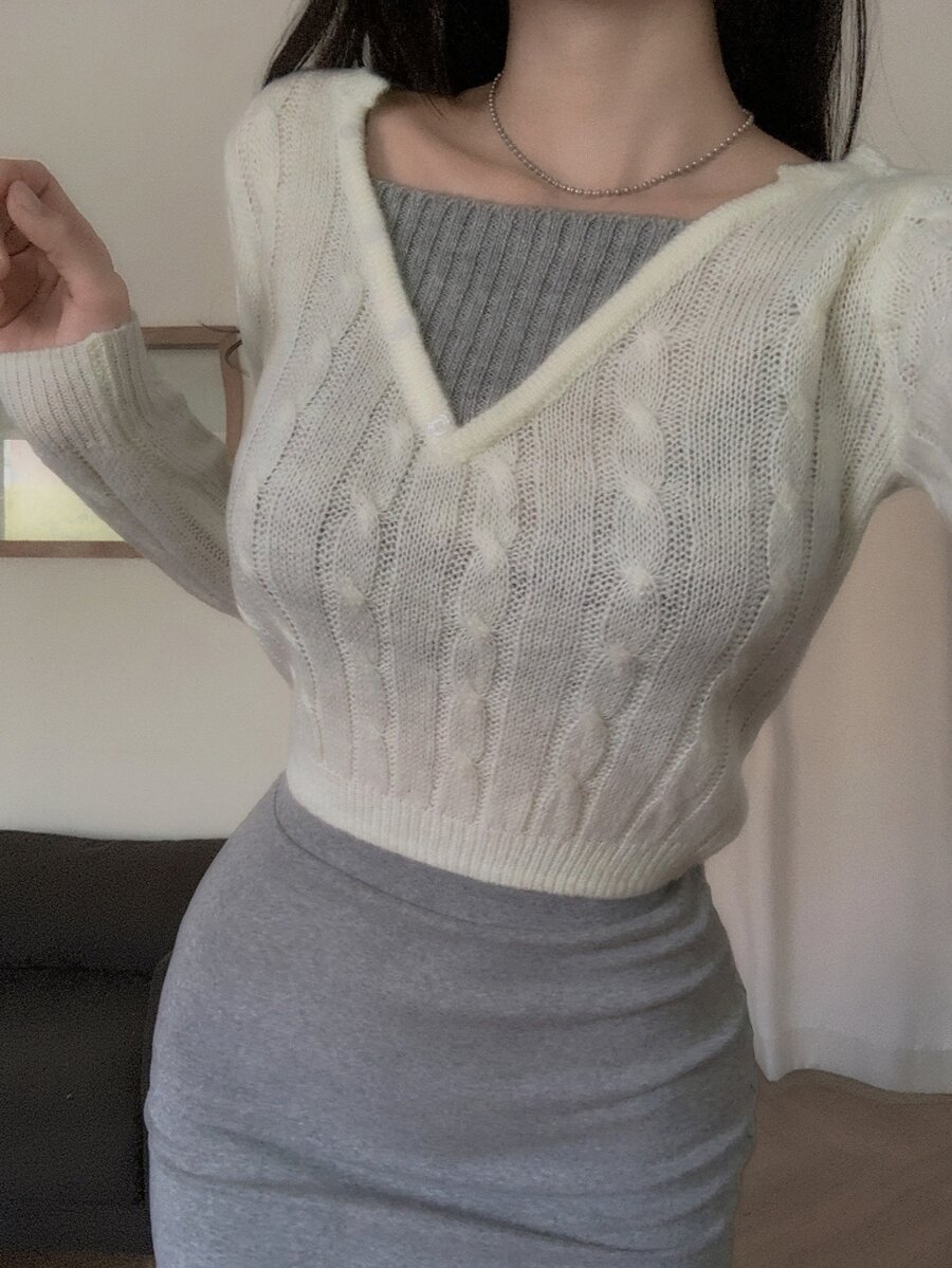 DAZY Women's Patchwork Contrast Color Fitted Short Casual Vacation Korean Style Spring Autumn Knit Sweater - White - View 1