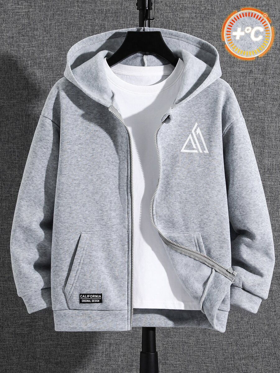 SHEIN 青少年男孩極簡街頭風字母印花拉鍊連帽冬款運動衫，休閒舒適柔軟面料 - 灰色 - 查看 1