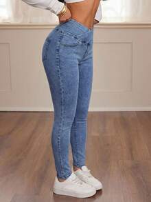 SHEIN PETITE 女款街頭風交叉腰修身牛仔褲 - 中等水洗藍 - 查看 5