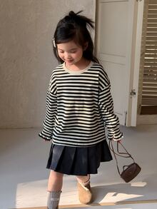 Dazy Kids Young Girl Striped Colorblock Versatile Korean Style T-Shirt - Beige - View 5