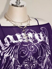 SHEIN ICON 大尺碼 Y2K 復古龐克印花透視網紗高開衩迷你洋裝哥德風圖案印花長袖洋裝秋季哥德上衣 - 紫色 - 查看 7