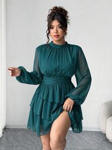 Elenzga 咖啡棕大尺碼女款優雅立領長袖主教袖短版A字純色層次拼接洋裝，秋季穿搭 - 水鴨藍 - 查看 5