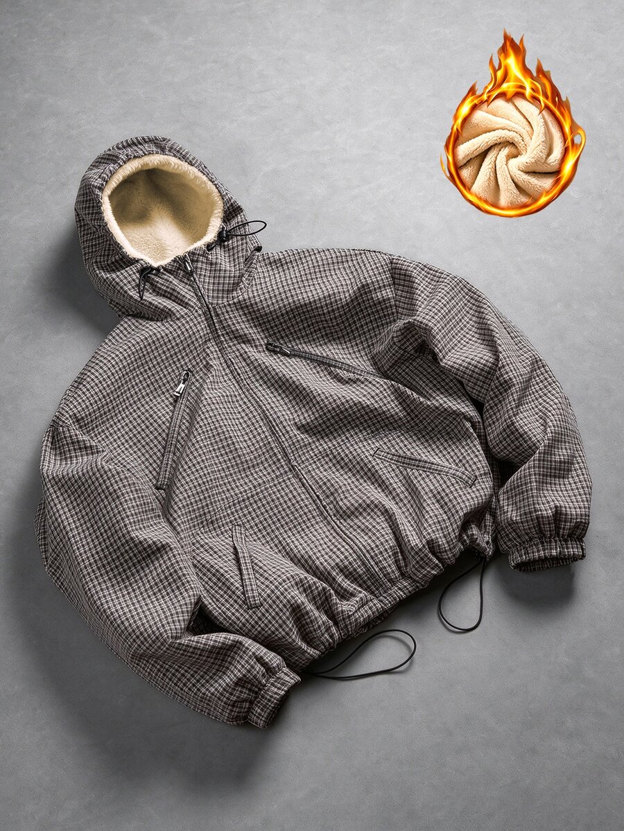 PAVTROS Vintage Plaid Men's Fleece Lined Grey Jacket, Y2K Zipper Hooded Jacket, Suitable For Daily Casual, Weekend Outings, Winter Wear - Grey - View 1