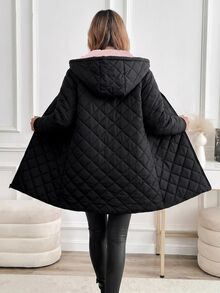 SHEIN Clasi 女款冬季保暖內裡連帽夾克 露營度假 黑色休閒 - 淺粉色 - 查看 2