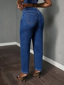 SHEIN Tall 女款不對稱腰部口袋錐形休閒牛仔褲，適合高個女性 - 深色水洗藍 - 查看 3