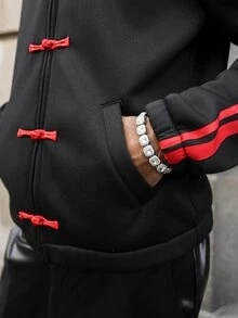 Major Grit 男士秋季休閒寬鬆時尚中式盤扣拼接撞色運動夾克 - 黑色 - 查看 5