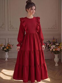 SHEIN Tween Girl Spring Autumn Tween Girl Winter Casual Vacation Elegant Fashion Woven Solid Color Round Neck Ruffle Hem Fitted Dress Tween Girl - Red - View 2