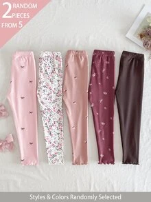 SHEIN 5件隨機發送 2件組 秋冬單面保暖內裡女童幼兒內搭褲 可愛花朵蝴蝶結印花 柔軟舒適保暖內裡長褲 2件套 - 彩色 - 查看 2