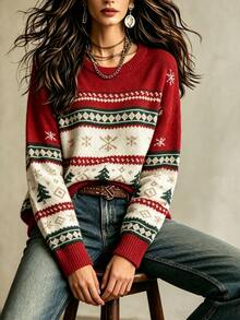 INAWLY Christmas Style Crew Neck Fair Isle Jacquard Sweater, Vintage Christmas Tree & Snowflake Contrast Color Long Sleeve Knit Top - Multicolor - View 5