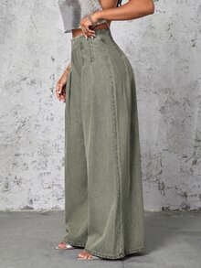 SHEIN SXY 女款休閒百搭日常牛仔褲 - 綠色 - 查看 1