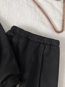 SHEIN 女童黑色秋冬休閒簡約串珠裝飾衛衣與運動褲2件套，黑色上衣，萬聖節/聖誕節，套頭式 - 黑色 - 查看 4