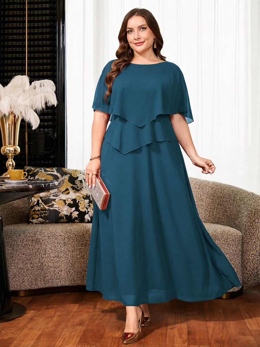 Reflora Plus Size Elegant Solid Color Party Dress - Teal Blue - View 1