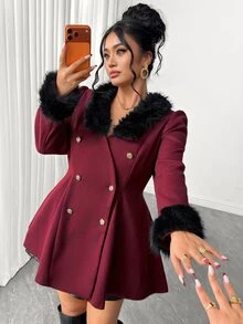 Elenzga Plus Size Women's Fuzzy Patchwork Casual Versatile Overcoat - Burgundy - View 5