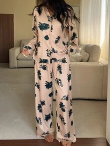 DAZY 2pcs/Set Women's Floral Print V-Neck Cardigan Long Sleeve Top & Straight Leg Long Pajama Pants Sleepwear Set - Khaki - View 3