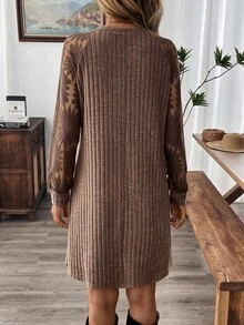 EMERY ROSE Women Casual Solid Color Jacquard Patchwork Short Mini Dress, Autumn - Rust Brown - View 2