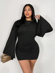 Firerie Women's Plus Size Solid Color Flared Sleeve Ruched Fitted Fashion Dress - Black - View 1