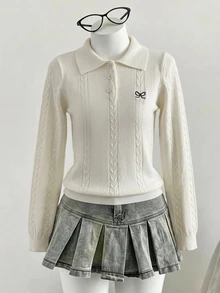 Dazy Kids Polo Collar Fitted Long Sleeve Basic Top, Autumn/Winter Girls (Large) Knit Top - Beige - View 2