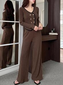 DAZY 2pcs Women Contrast Color Knit Top And Wide Leg Pants Set,Fall Clothes Lounge Sets For Women - Brown - View 5