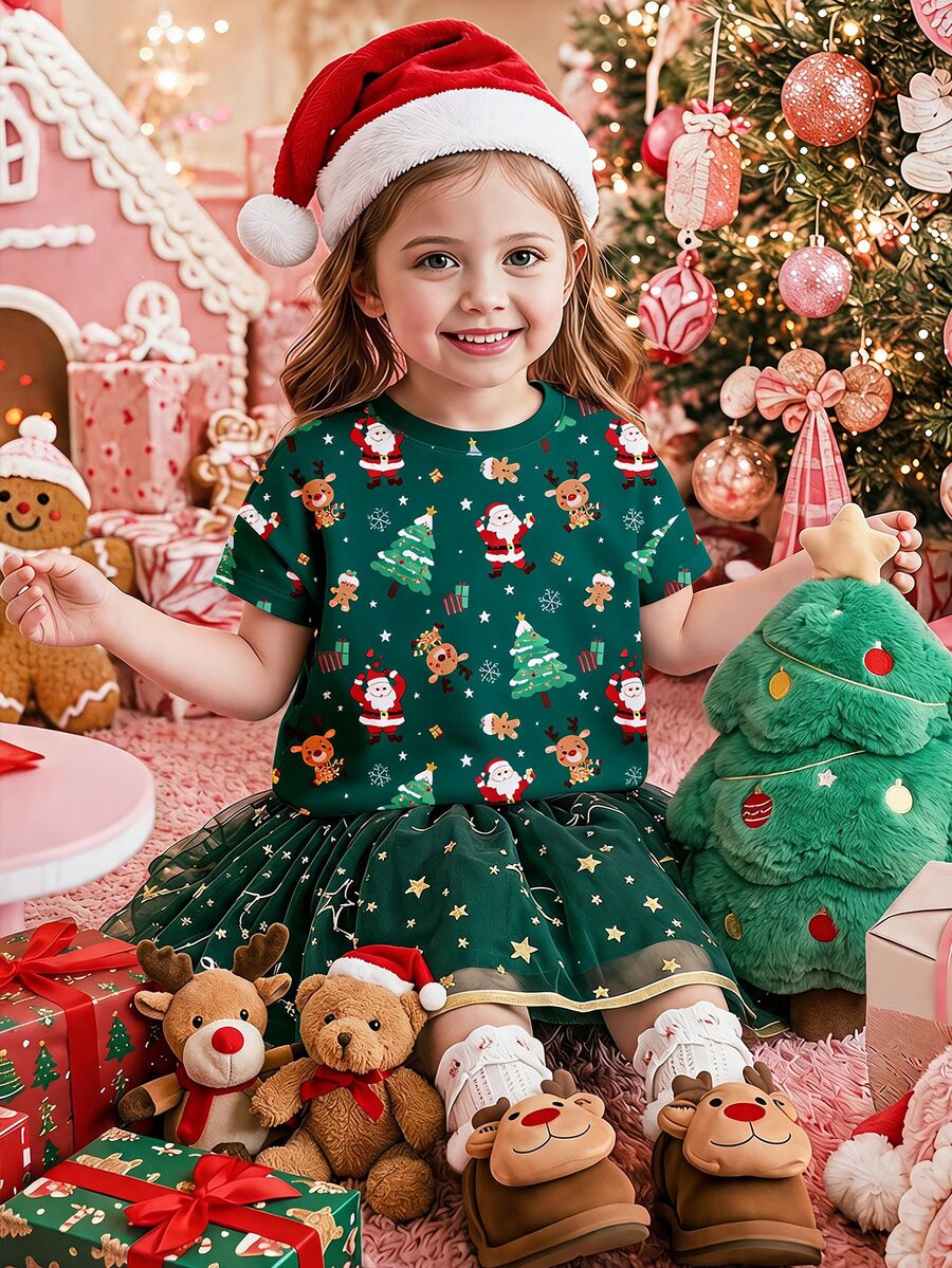 Merry Christmas New Pine Green Family Matching Outfit, Vintage Christmas Tree Pattern, Baby Girls Simple Casual Short Sleeve Top - Multicolor - View 1