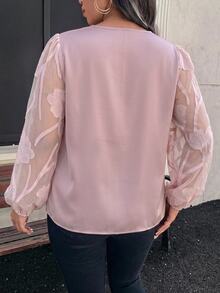 Reflora 大尺碼女款缺口V領蕾絲拼接商務優雅襯衫 正式辦公穿搭 海軍藍 秋冬 適合母親畢業季 - 粉色 - 查看 2